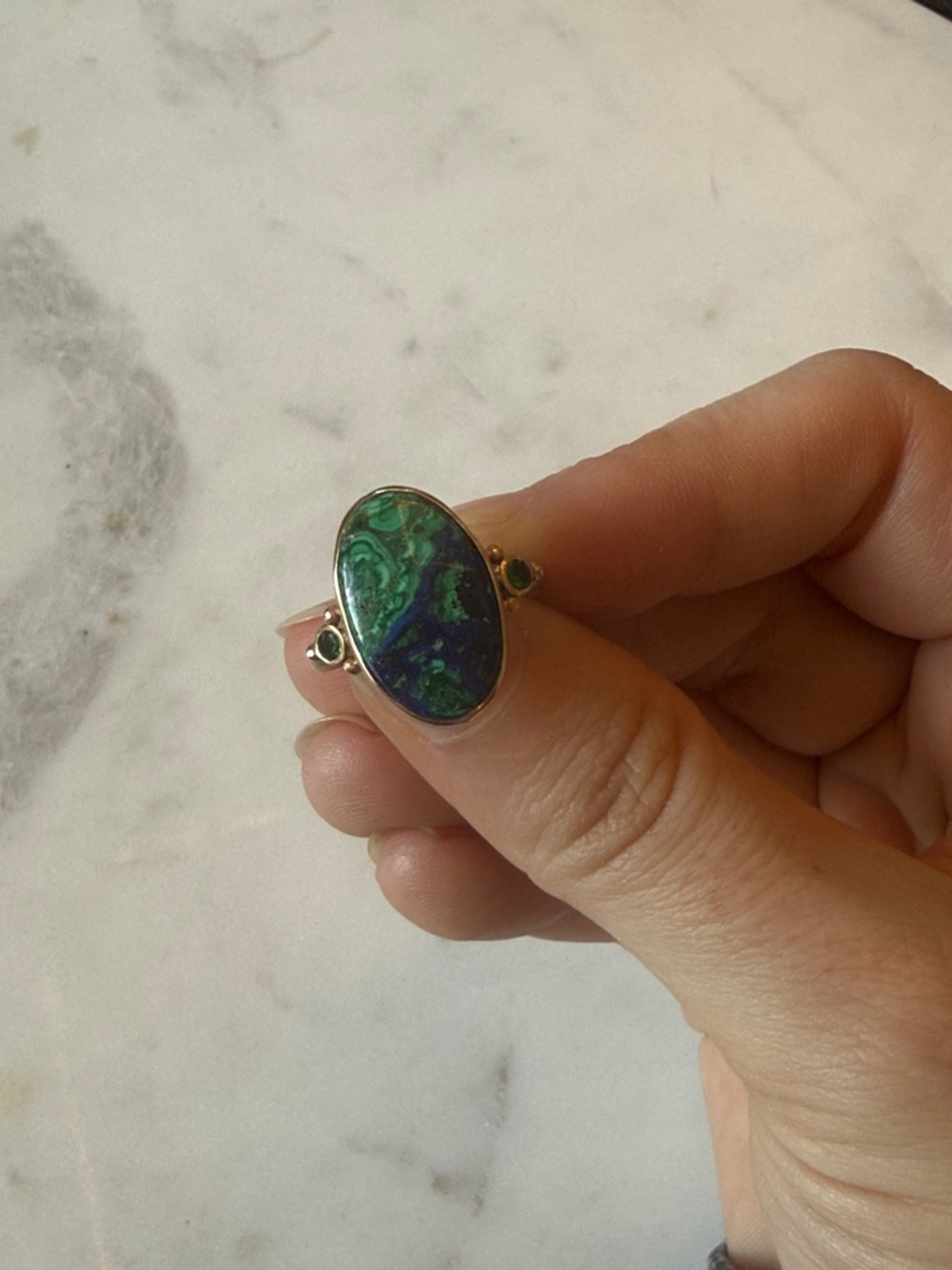 Emily Amey 14K Gold and Silver Azurite Malachite Ring w/ Tsavorite Garnets - Picture 4 of 4